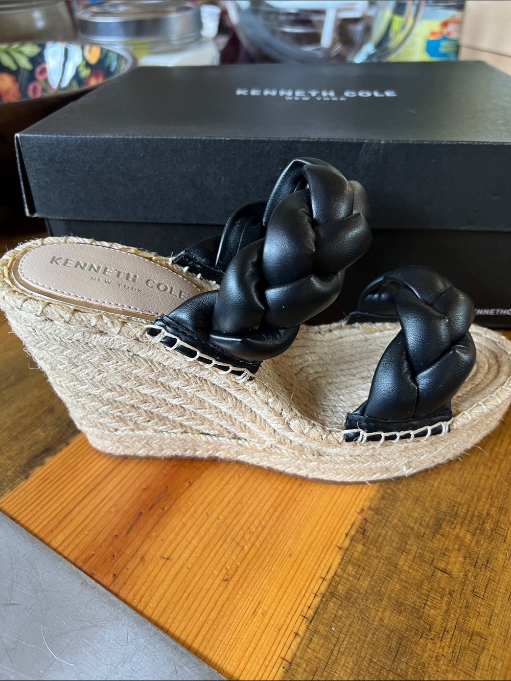 Kenneth Cole Black Braided Olivia braid Espadrille Wedge Sandals 6.5